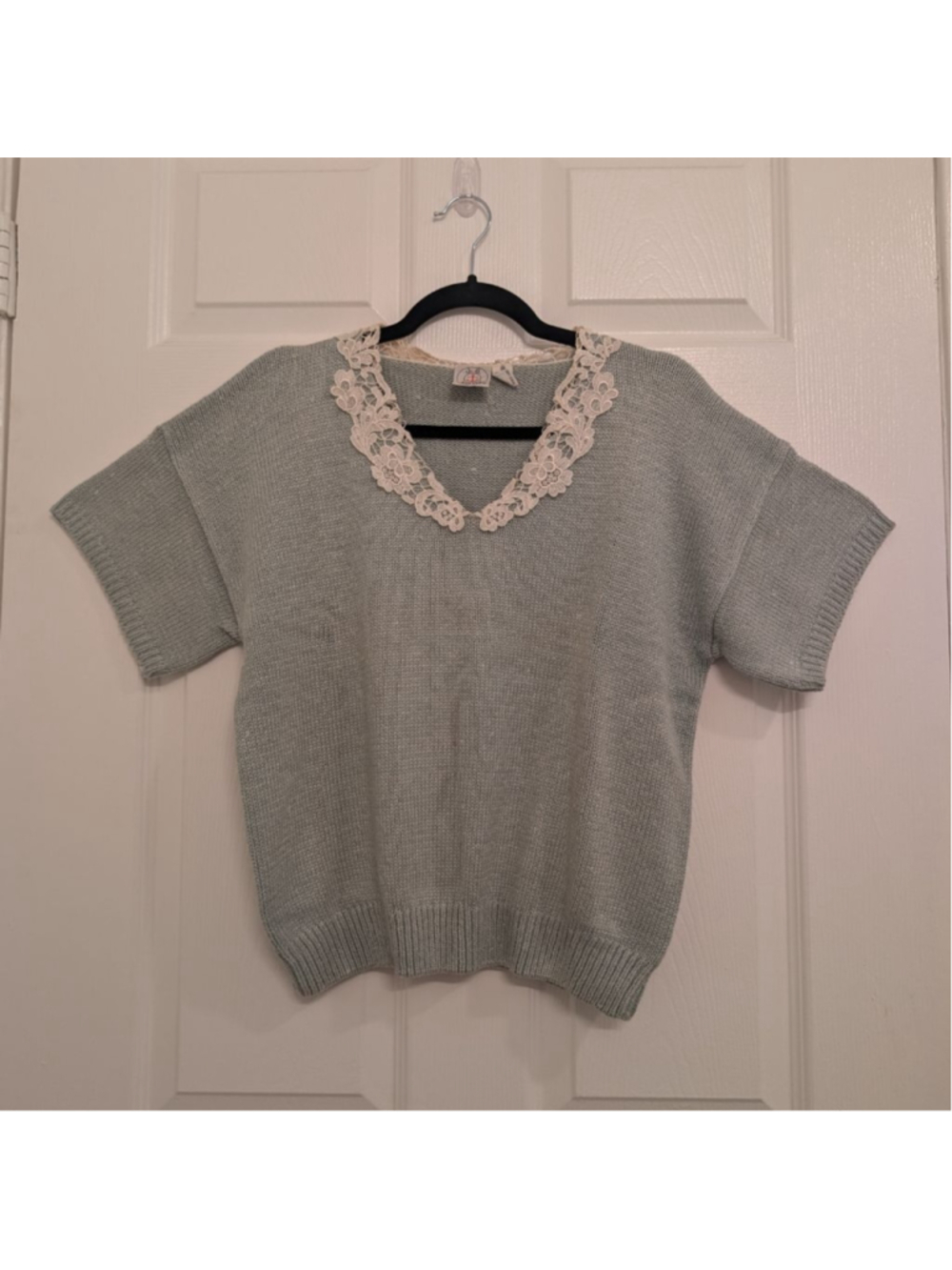 Vintage Silk Linen Grandmacore Coquette Sage Green Knit Top Crochet Lace M